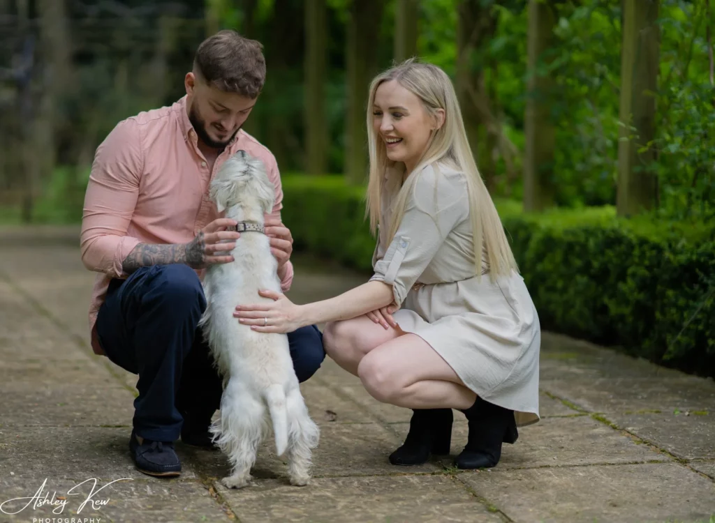 A man and woman kneel on a garden path, smiling and stroking a small white dog standing on its hind legs. Lush greenery and hedges surround them, creating a serene outdoor setting. Copyright Ashley Kew Photography - All Rights Reserved